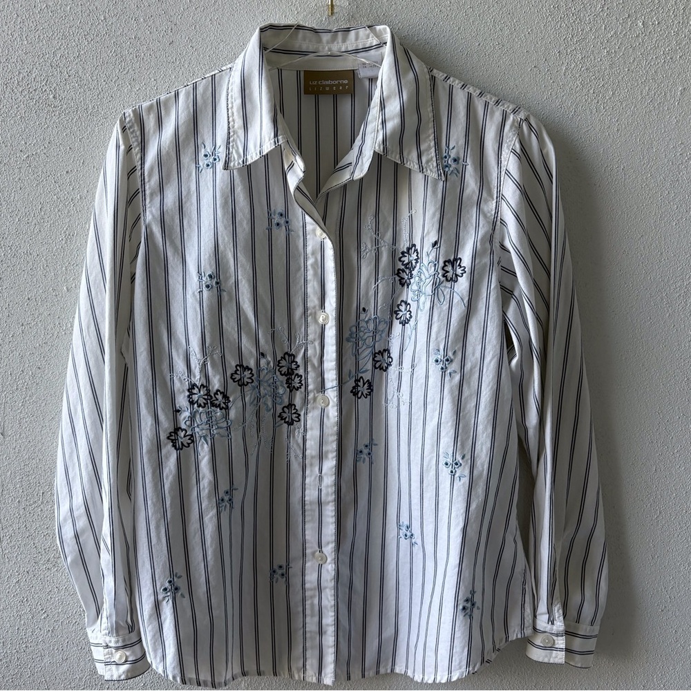 Liz Claiborne Cotton Button Up‎ Embroidered Stripe Long Sleeve Blouse Size M